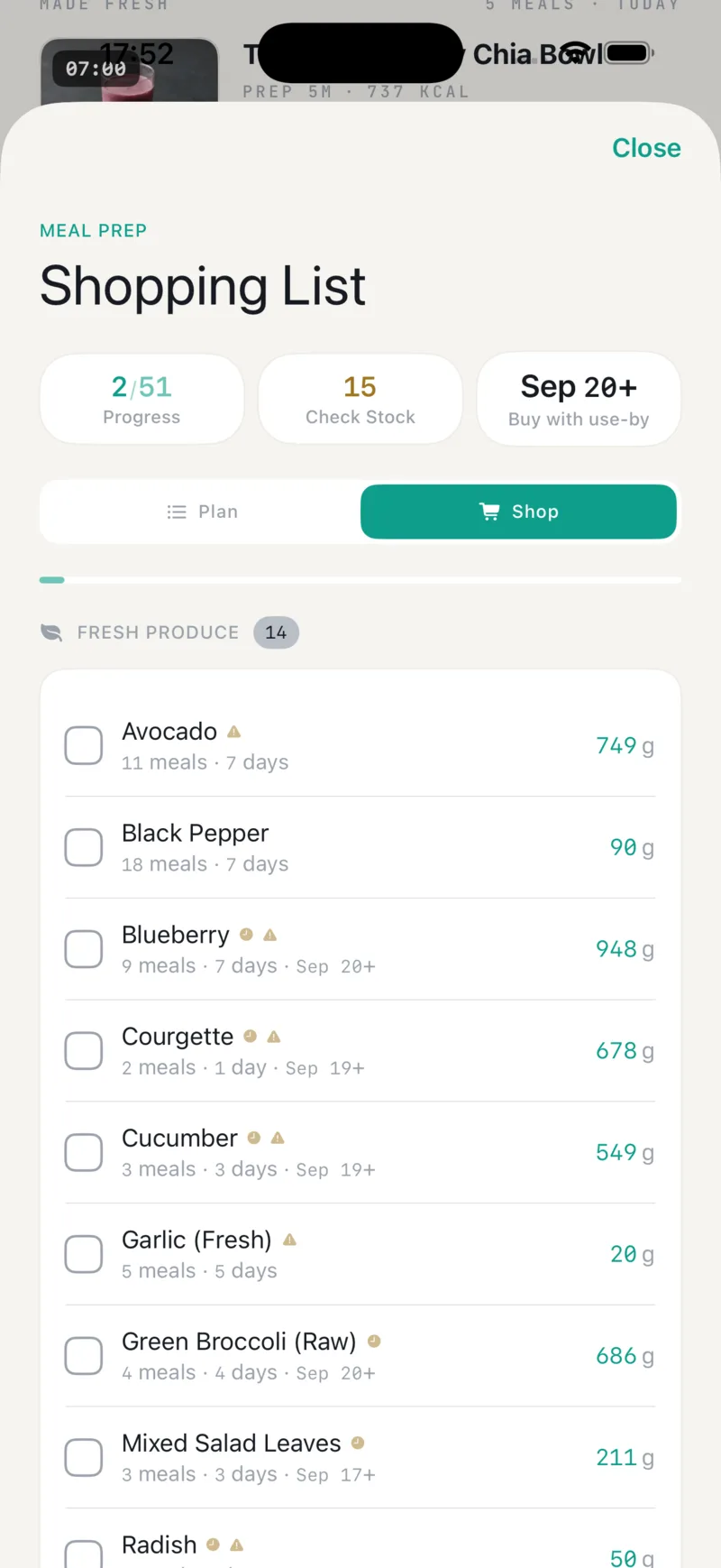 Screenshot of the weekly shopping list, split into a to-buy column and an already-in-pantry column, generated from the plan for the week