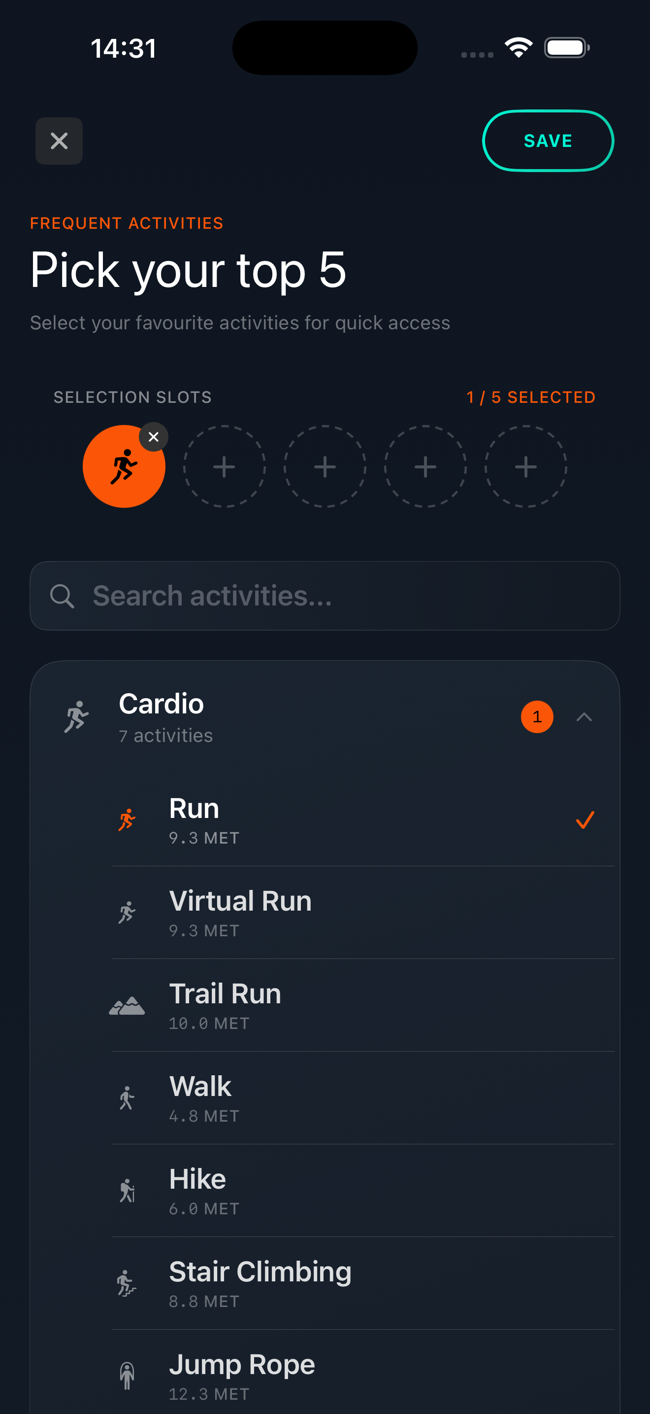 The Pick Your Top 5 onboarding screen, showing five empty selection slots and the activity category list (Cardio, Cycling, Water Sports, Strength, Flexibility, Sports, Gym) below a search field.