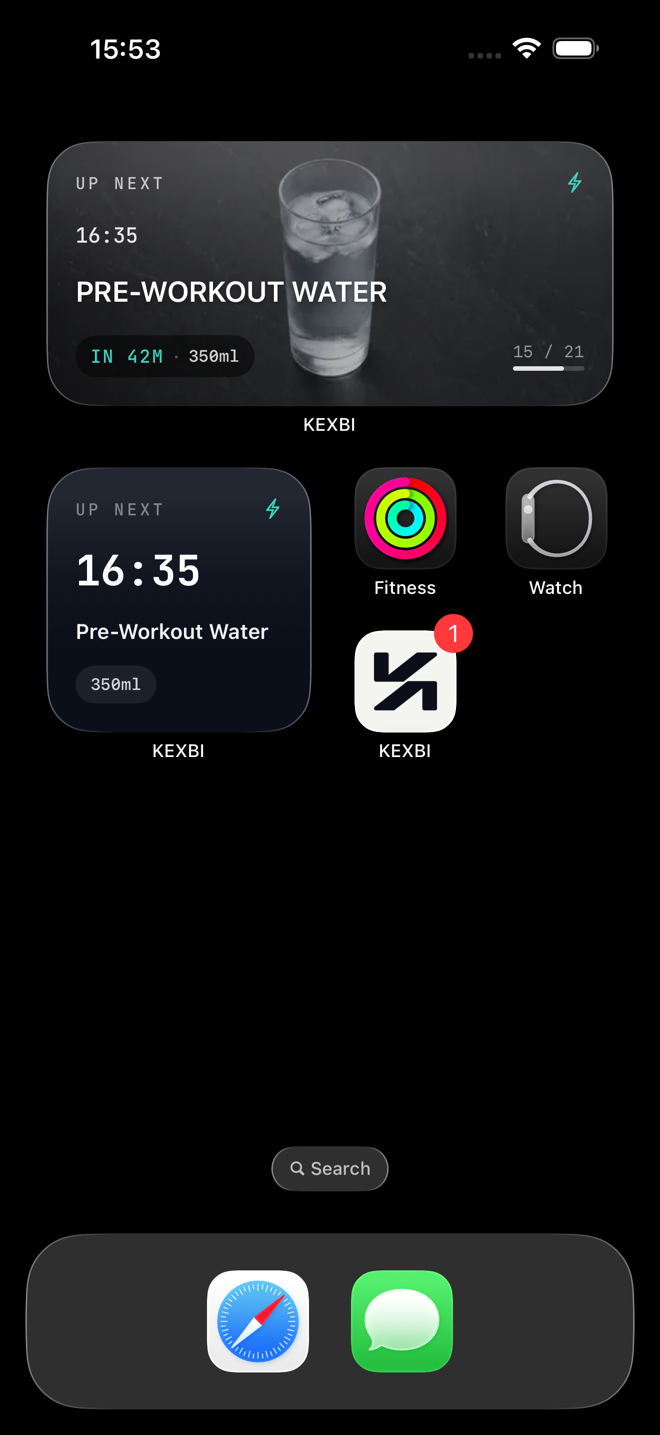 An iPhone Home Screen with both KEXBI Up Next widget sizes installed. The medium widget at the top shows the next item, Pre-Workout Water at 16:35, with a countdown and a meal photo. The small widget below shows the same item stripped to time, name and a single amount pill.