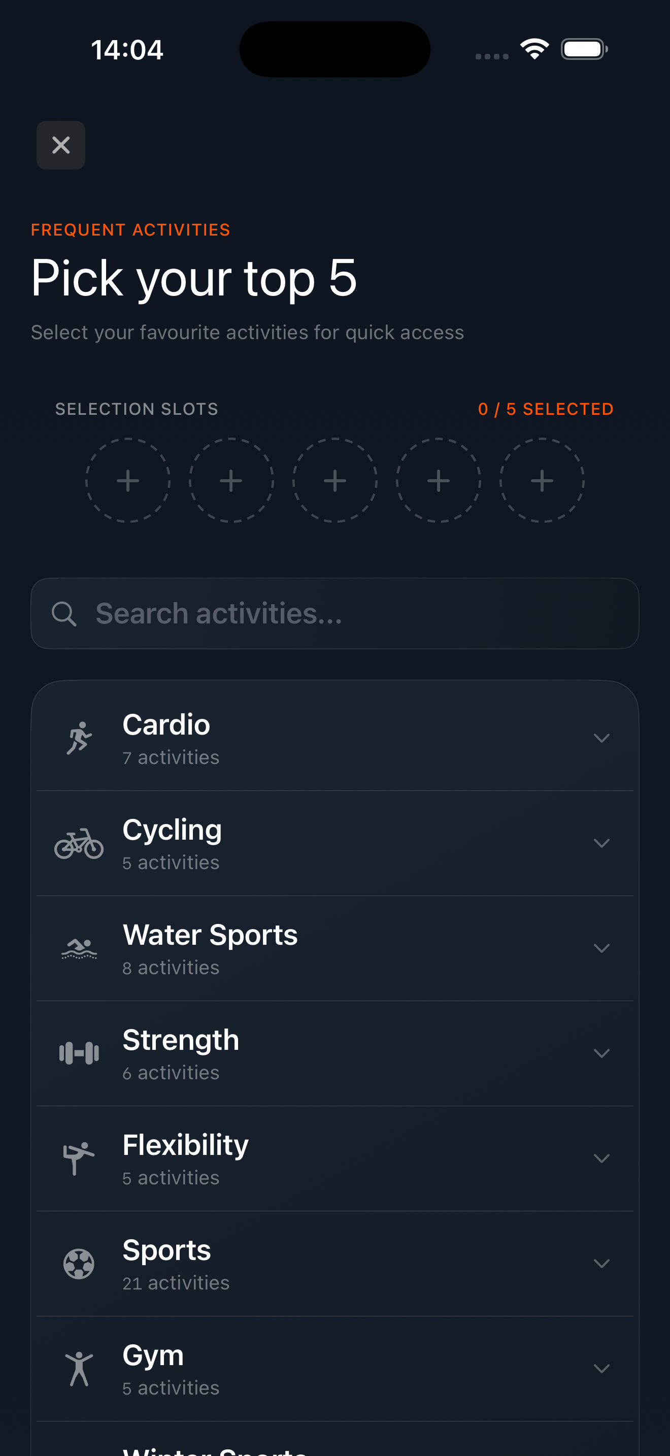 The activity scheduler in the KEXBI app, showing the Favourites row at the top with five circular tiles labelled Run, Weights, Virtual Ride, Virtual Run, Trail Run. Weights is highlighted in orange.