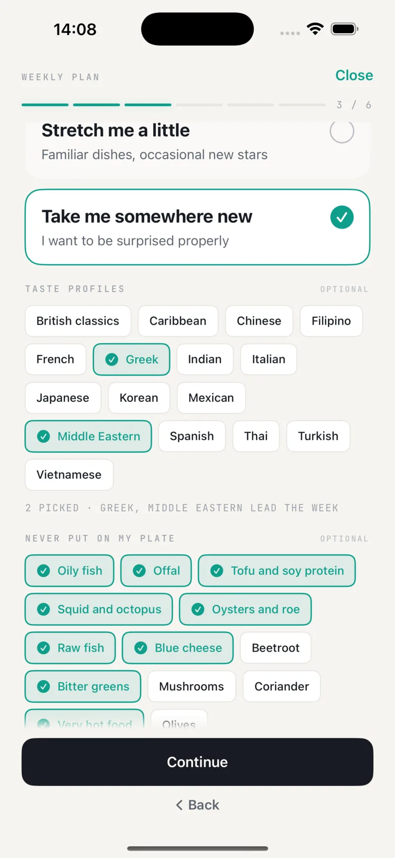 A 'Never put on my plate' chip picker with thirteen aversion classes: Oily fish, Offal, Tofu and soy protein, Squid and octopus, Oysters and roe, Raw fish, Blue cheese, Beetroot, Bitter greens, Mushrooms, Coriander, Very hot food, Olives. Most are selected in teal.