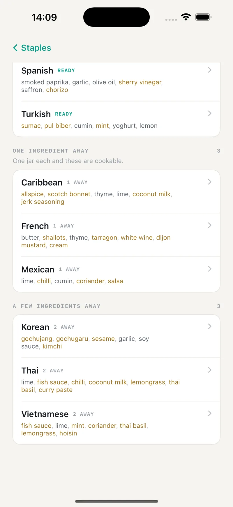 Continuation of the Taste Profiles screen. Spanish and Turkish complete the Ready to Cook list. A One Ingredient Away section lists Caribbean, French, and Mexican with the specific ingredient still needed. A Few Ingredients Away section lists Korean, Thai, and Vietnamese with the ingredients still needed.