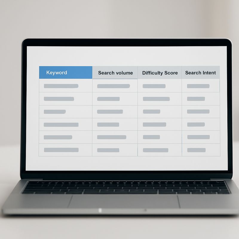 Keyword research process diagram showing search volume, difficulty, and intent metrics