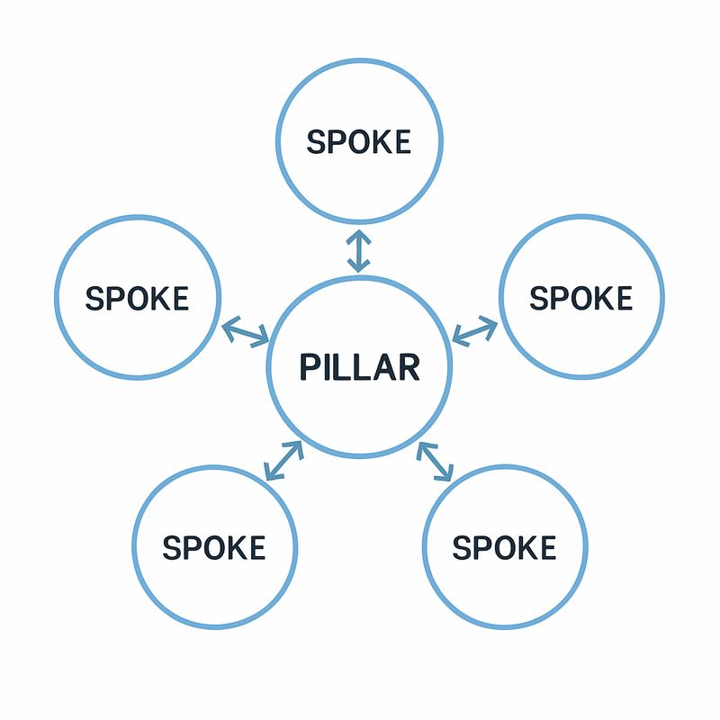 Content cluster structure diagram showing pillar page and spoke articles interconnected