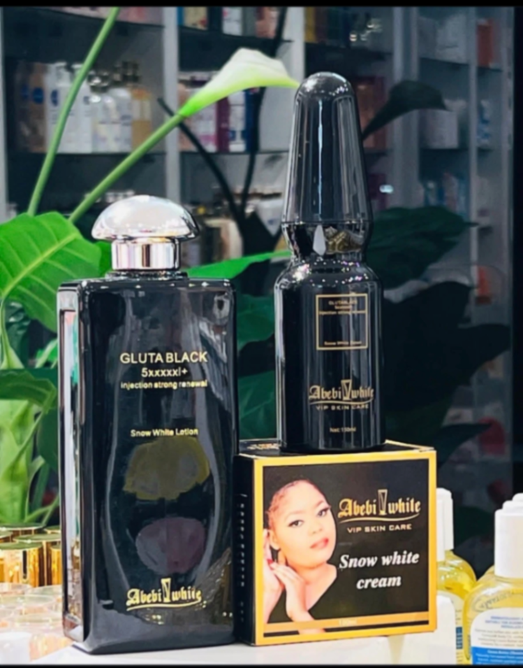 Abebi White Gluta Black Strong Renewal Snow White Lotion +serum +Face Cream-3pcs