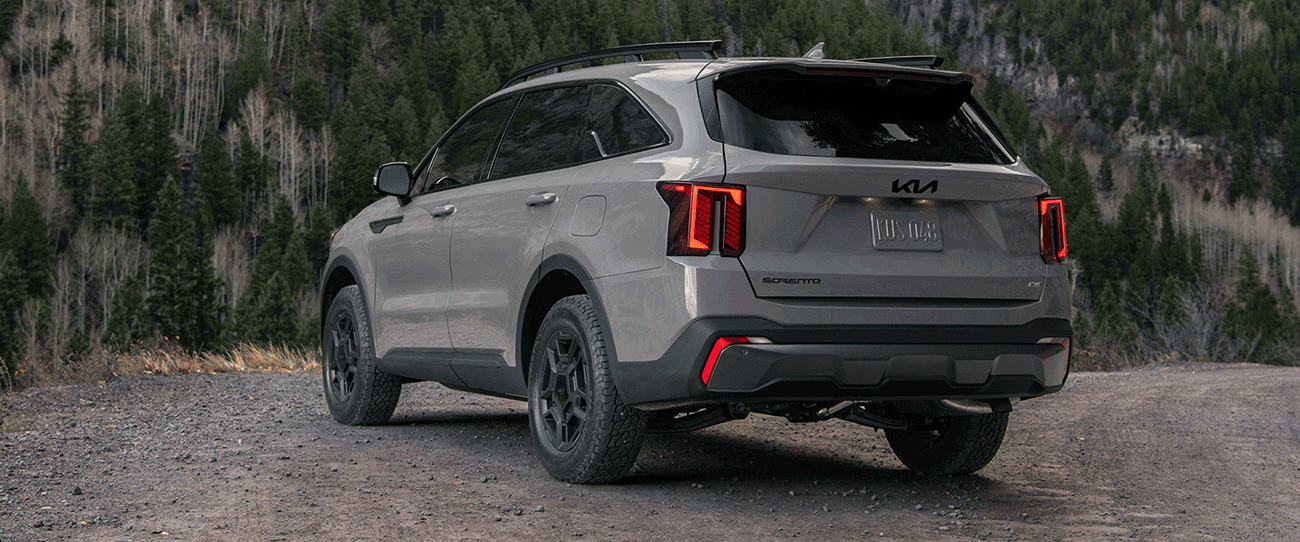 Vue intérieur du Kia Sorento en arrêt sur chemin de sable avec vue de montagne