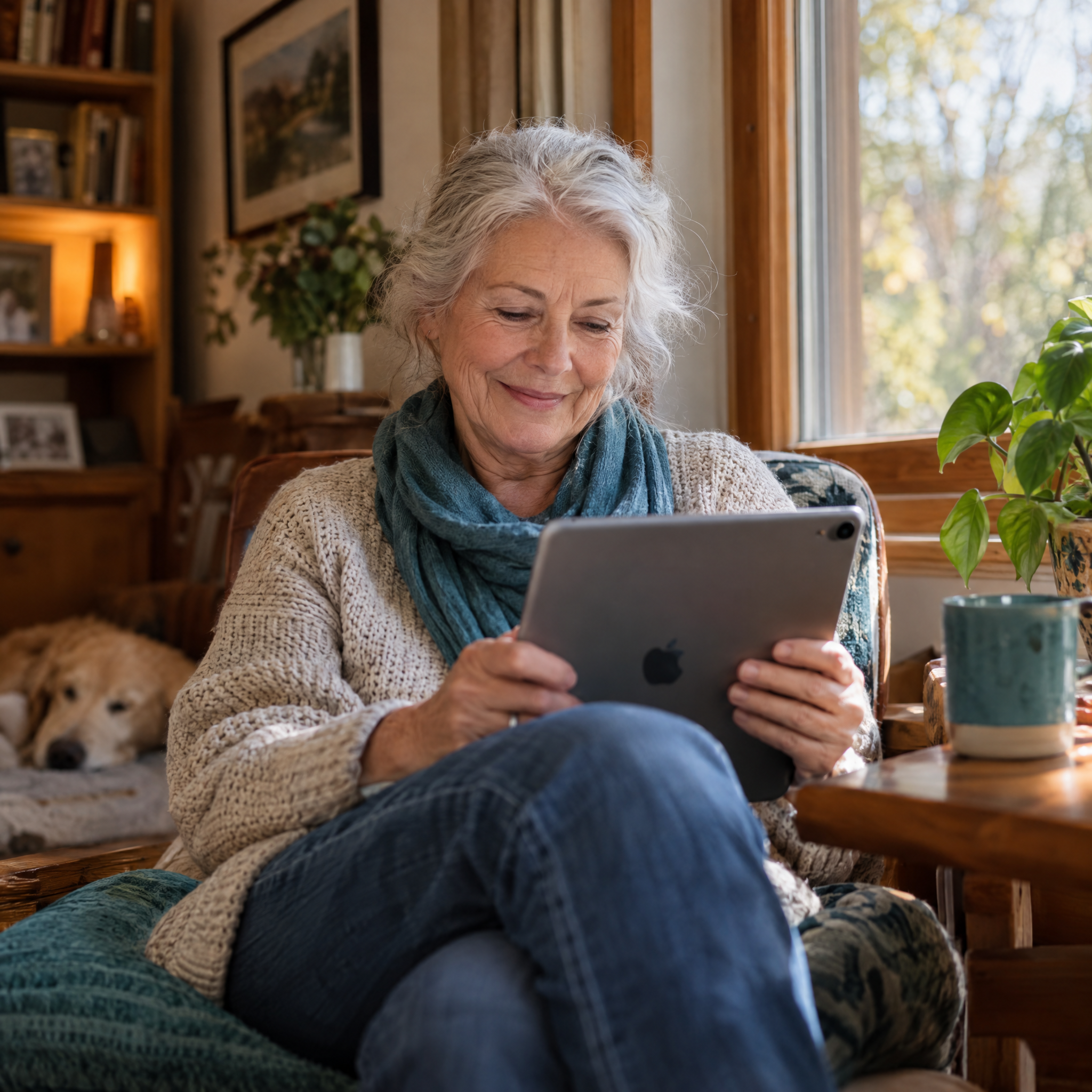 A grandparent looking through a family photo feed on a tablet