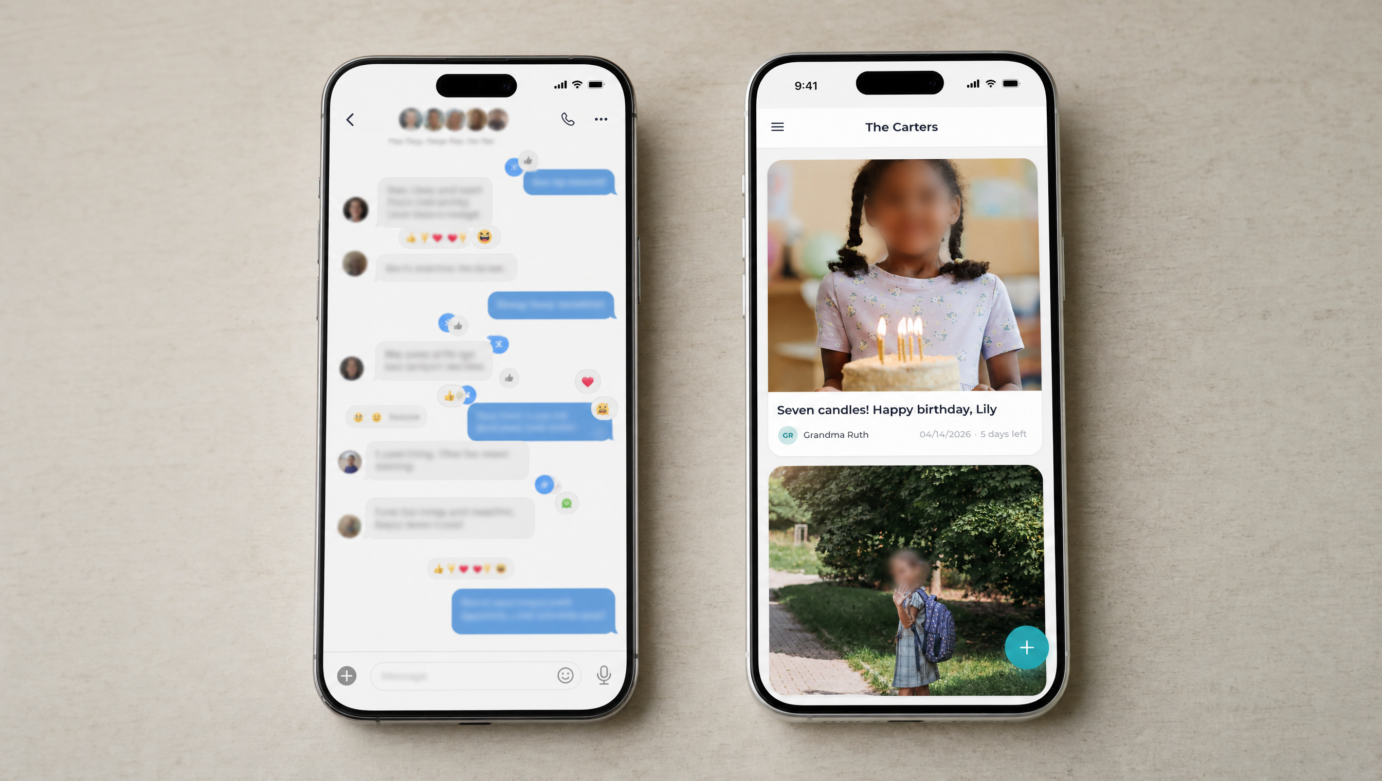 Side by side comparison of a private family app feed and a busy group chat
