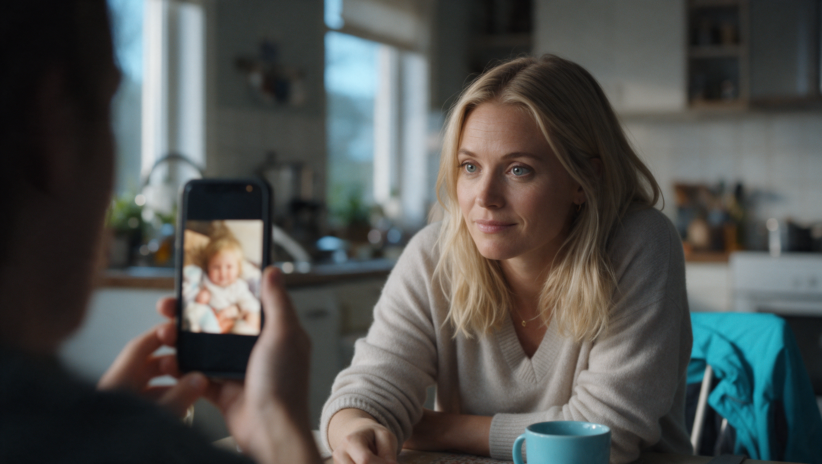 A parent looking at a phone with a closed, private family photo feed