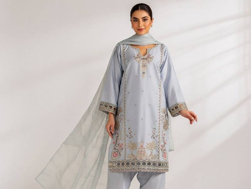 3 Piece Suit – Dupatta, Kameez, Salwar Stitched Ladies Suit | Lawn Cotton Embroidered Light Grey Women Dress