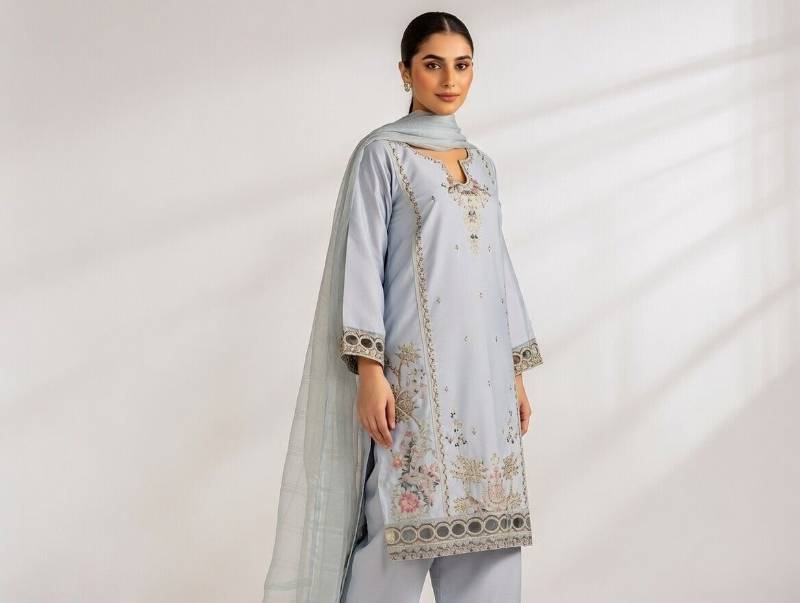 3 Piece Suit – Dupatta, Kameez, Salwar Stitched Ladies Suit | Lawn Cotton Embroidered Light Grey Women Dress - image 2