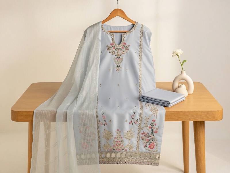 3 Piece Suit – Dupatta, Kameez, Salwar Stitched Ladies Suit | Lawn Cotton Embroidered Light Grey Women Dress - image 3