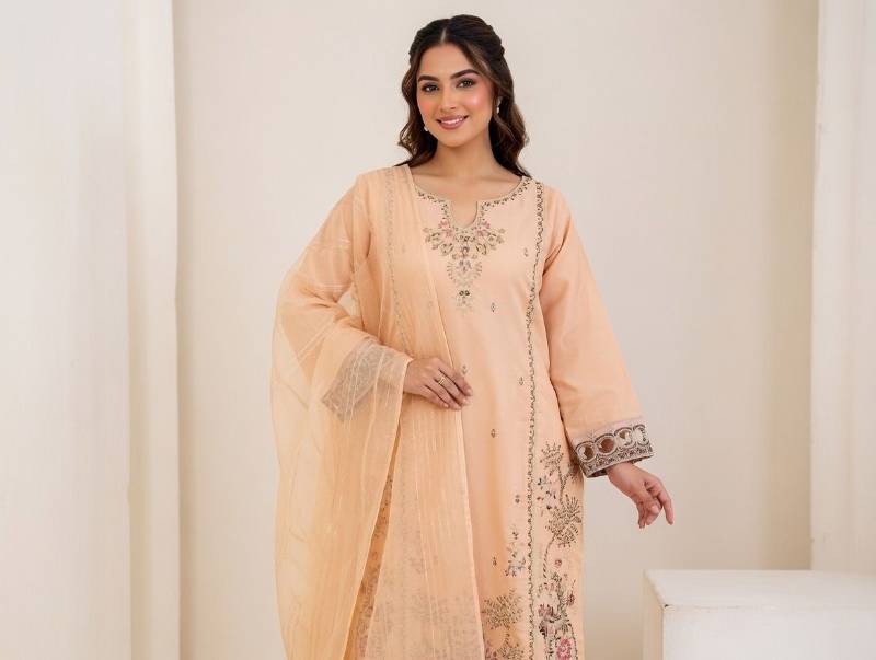 3 Piece Suit – Dupatta, Kameez, Salwar Stitched Ladies Suit | Lawn Cotton Embroidered Peach Women Dress