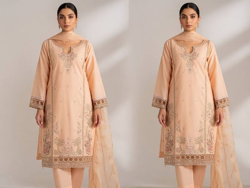 3 Piece Suit – Dupatta, Kameez, Salwar Stitched Ladies Suit | Lawn Cotton Embroidered Peach Women Dress - image 2