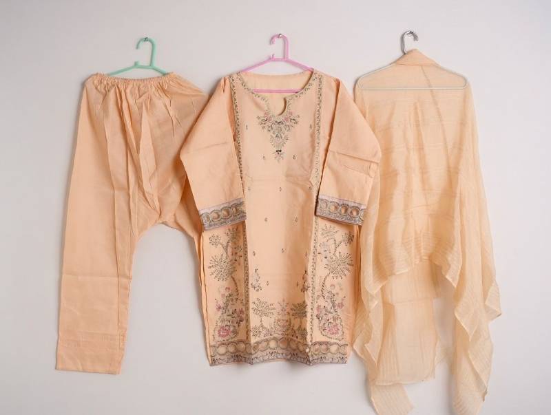 3 Piece Suit – Dupatta, Kameez, Salwar Stitched Ladies Suit | Lawn Cotton Embroidered Peach Women Dress - image 3