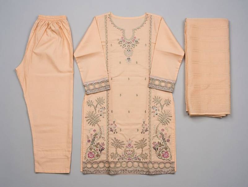3 Piece Suit – Dupatta, Kameez, Salwar Stitched Ladies Suit | Lawn Cotton Embroidered Peach Women Dress - image 4