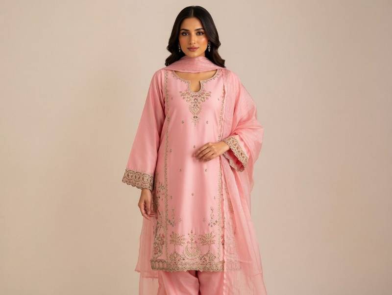 3 Piece Suit – Dupatta, Kameez, Salwar Stitched Ladies Suit | Lawn Cotton Embroidered Baby Pink Women Dress