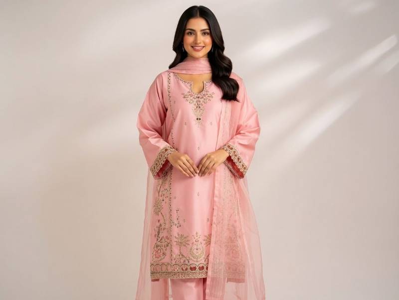 3 Piece Suit – Dupatta, Kameez, Salwar Stitched Ladies Suit | Lawn Cotton Embroidered Baby Pink Women Dress - image 3