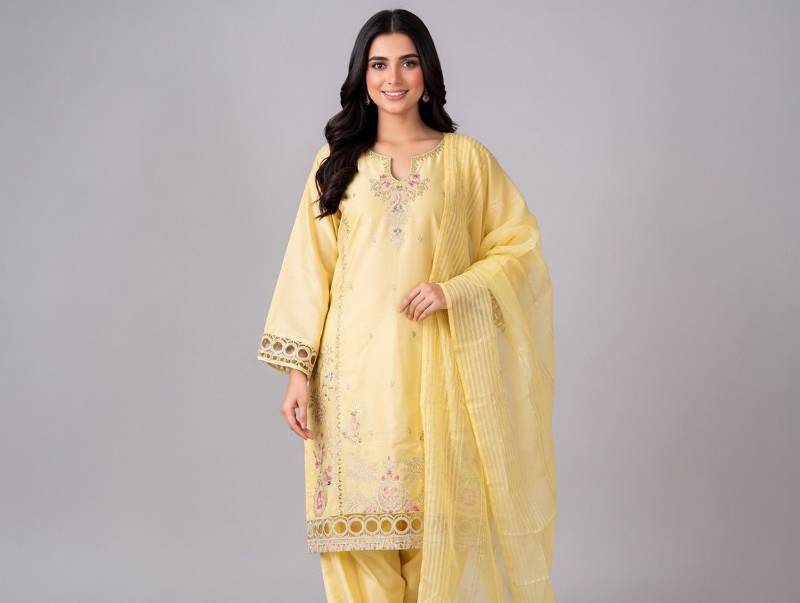 3 Piece Suit – Dupatta, Kameez, Salwar Stitched Ladies Suit | Lawn Cotton Embroidered Light Yellow Women Dress