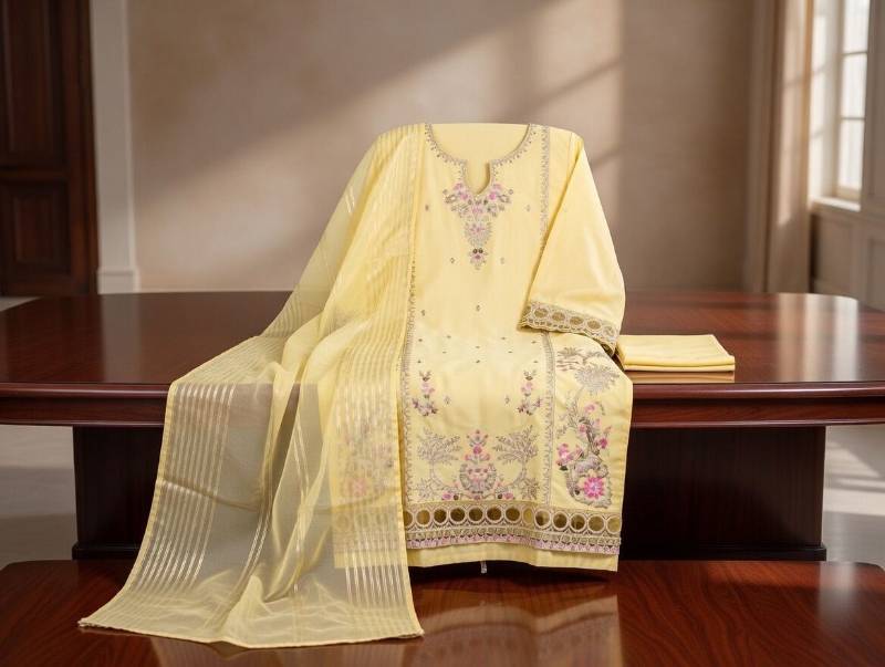 3 Piece Suit – Dupatta, Kameez, Salwar Stitched Ladies Suit | Lawn Cotton Embroidered Light Yellow Women Dress - image 2