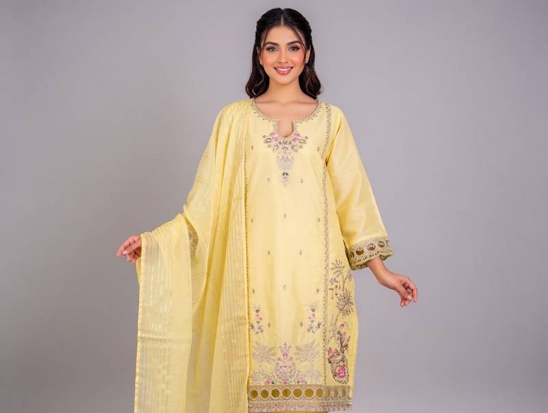 3 Piece Suit – Dupatta, Kameez, Salwar Stitched Ladies Suit | Lawn Cotton Embroidered Light Yellow Women Dress - image 3