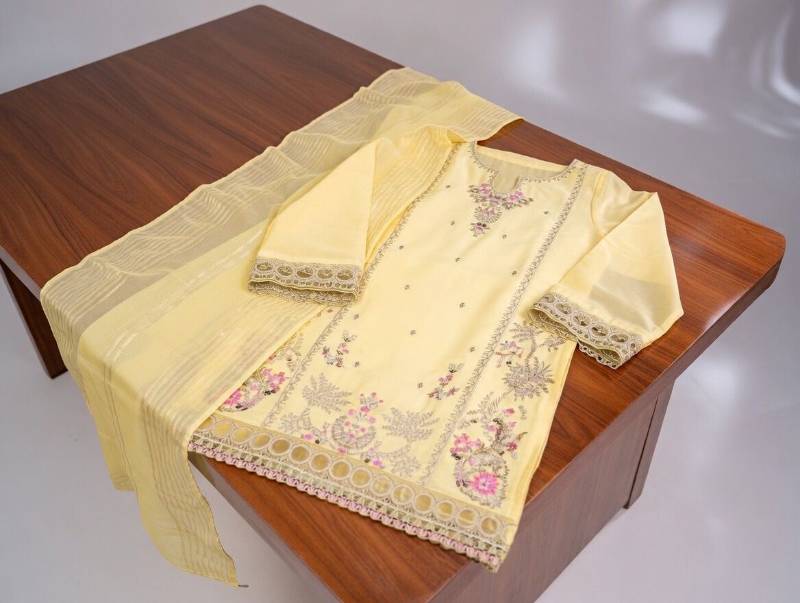 3 Piece Suit – Dupatta, Kameez, Salwar Stitched Ladies Suit | Lawn Cotton Embroidered Light Yellow Women Dress - image 4