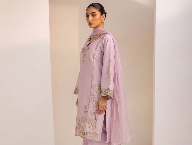 3 Piece Suit – Dupatta, Kameez, Salwar Stitched Ladies Suit | Lawn Cotton Embroidered Lavender Women Dress