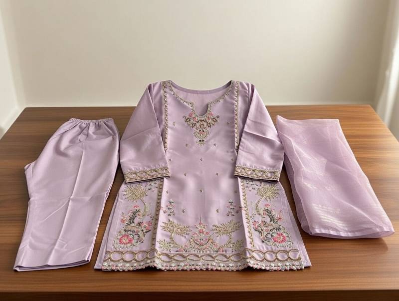 3 Piece Suit – Dupatta, Kameez, Salwar Stitched Ladies Suit | Lawn Cotton Embroidered Lavender Women Dress - image 2
