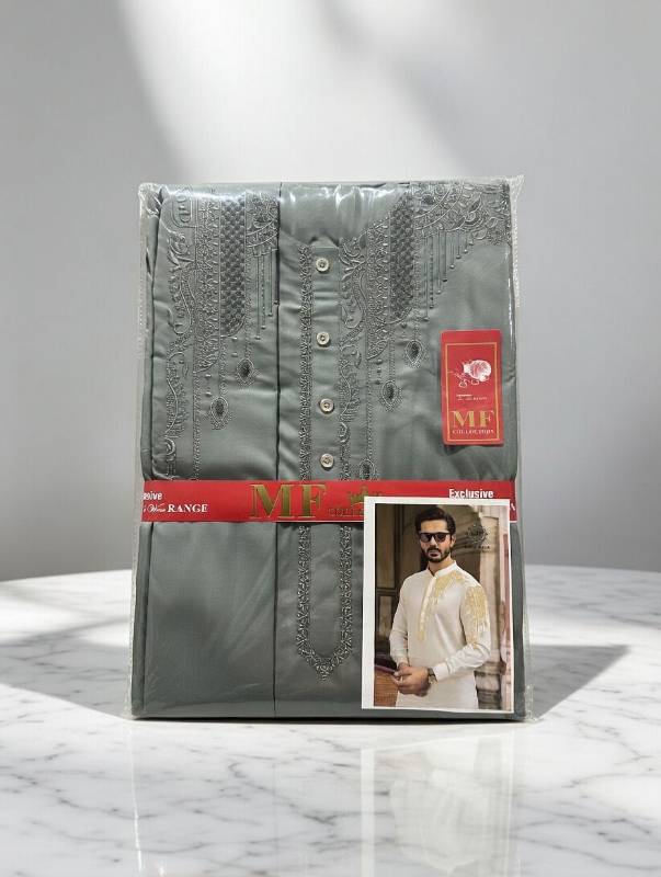 Men’s Embroidered Kurta Shalwar – Premium Pakistani Traditional Suit | Elegant Festive Wear Light Olive Grey