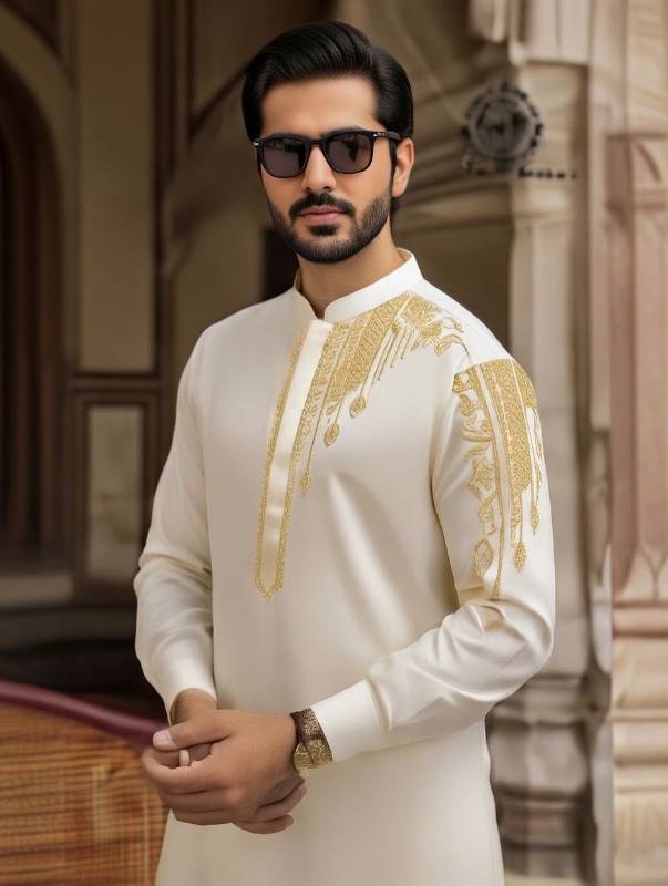Men’s Off White Embroidered Kurta Shalwar – Premium Pakistani Traditional Suit | Elegant Gold Embroidery Festive Wear