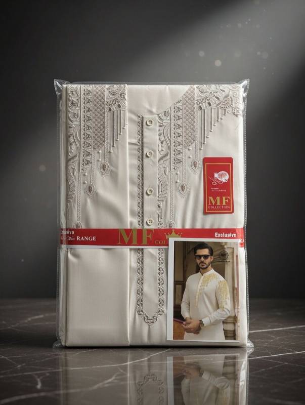 Men’s Off White Embroidered Kurta Shalwar – Premium Pakistani Traditional Suit | Elegant Gold Embroidery Festive Wear - image 2