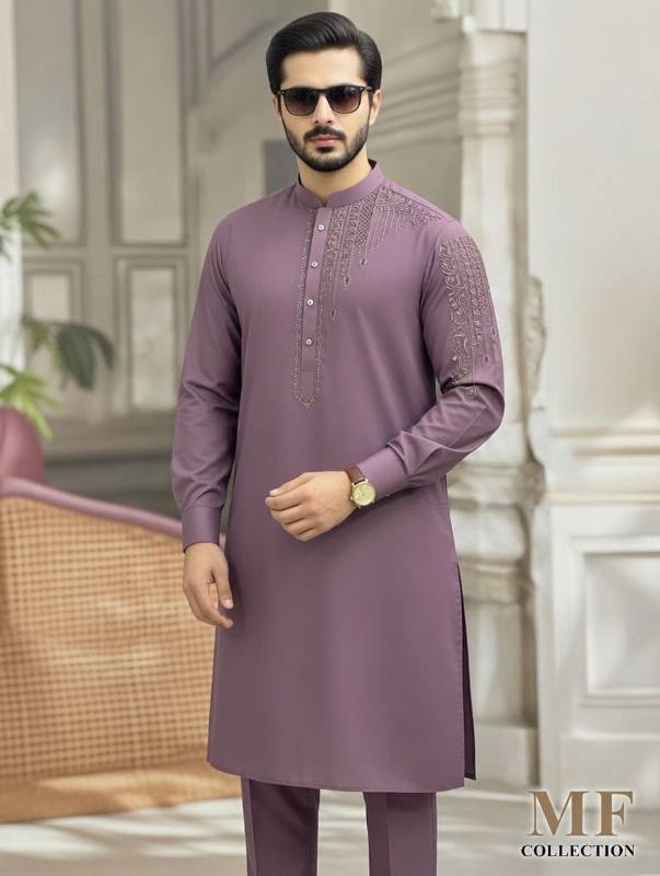 Men’s Purple Embroidered Kurta Shalwar – Premium Pakistani Traditional Suit | Elegant Festive & Wedding Wear