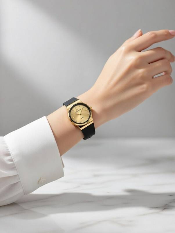 Watch for Women – Moonston Elegant Gold Dial Quartz Ladies Wrist Watch with Black Strap
