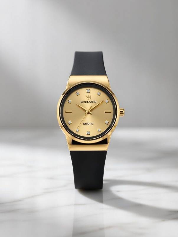 Watch for Women – Moonston Elegant Gold Dial Quartz Ladies Wrist Watch with Black Strap - image 2