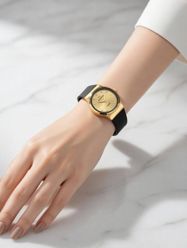 Watch for Women – Moonston Elegant Gold Dial Quartz Ladies Wrist Watch with Black Strap - image 3