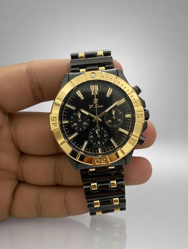 Watch for Men – D’Lec Elegant Black Dial Gold Bezel Chronograph Style Stainless Steel Wrist Watch