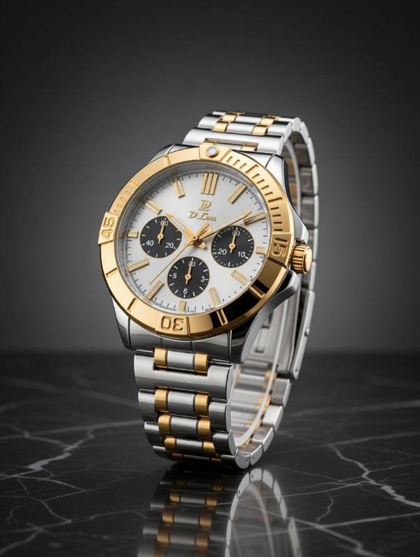Watch for Men – D’Lec Elegant Black Dial Gold Bezel Chronograph Style Stainless Steel Wrist Watch - image 2