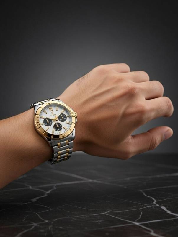 Watch for Men – D’Lec Elegant Black Dial Gold Bezel Chronograph Style Stainless Steel Wrist Watch - image 3