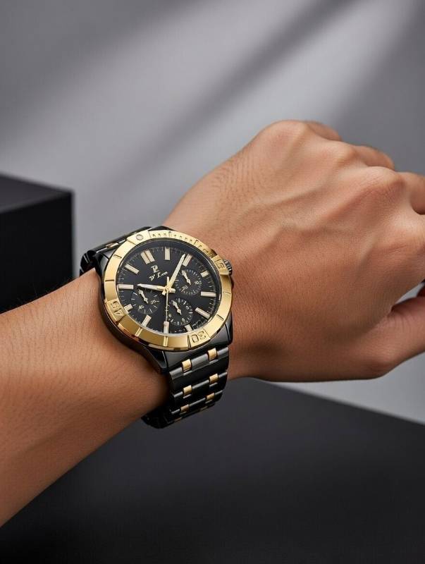 Watch for Men – D’Lec Elegant Black Dial Gold Bezel Chronograph Style Stainless Steel Wrist Watch - image 5