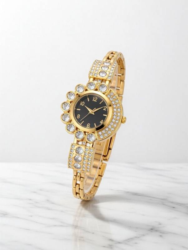 Watch for Women – Luxury Gold Crystal Bracelet Quartz Ladies Wrist Watch with Black Dial