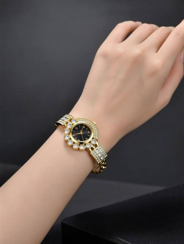 Watch for Women – Luxury Gold Crystal Bracelet Quartz Ladies Wrist Watch with Black Dial - image 2