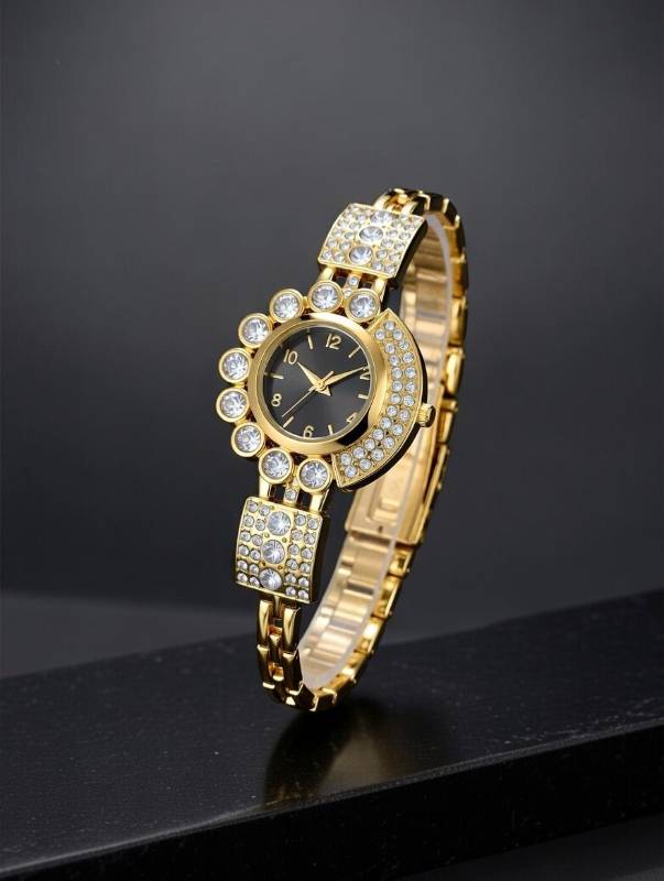 Watch for Women – Luxury Gold Crystal Bracelet Quartz Ladies Wrist Watch with Black Dial - image 3