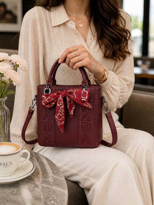 Girls Hand Bag – Stylish Maroon Mini Tote Bag with Scarf Design (Crossbody + Hand Carry) - image 2