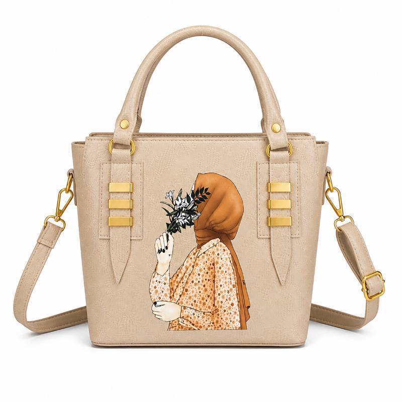 Girls Hand Bag – Cute Beige Floral Hijab Design Stylish Handbag for Daily Use