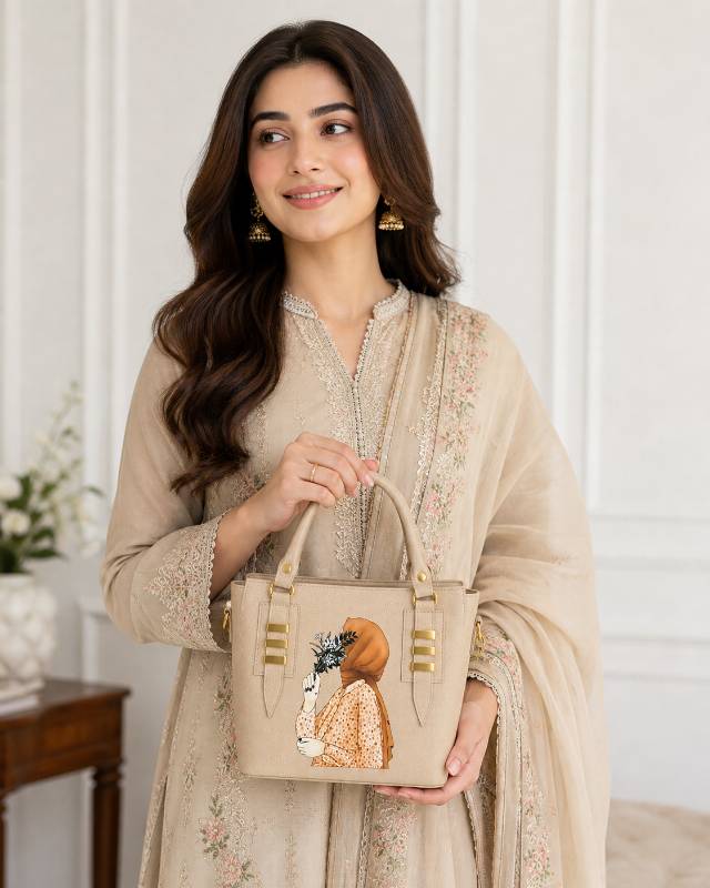 Girls Hand Bag – Cute Beige Floral Hijab Design Stylish Handbag for Daily Use - image 4
