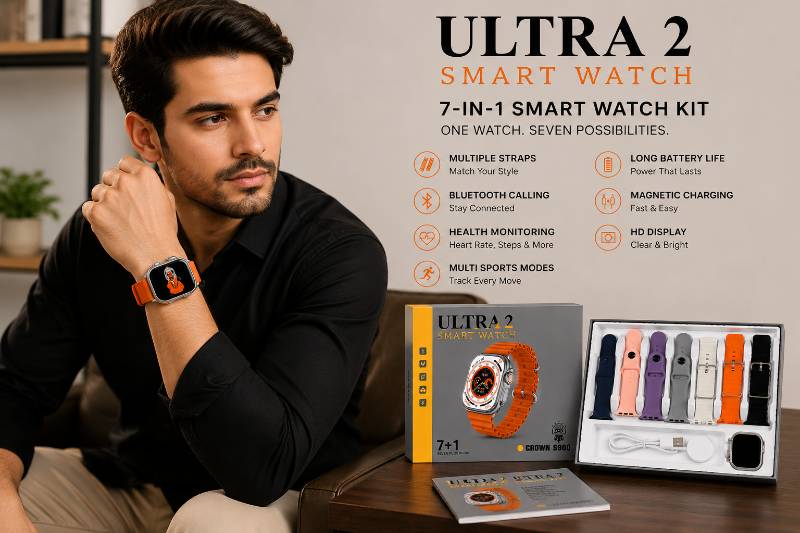 Ultra 2 Smart Watch 7-in-1 Kit with 7 Premium Straps | Bluetooth Calling | Health Monitoring | Sports Mode