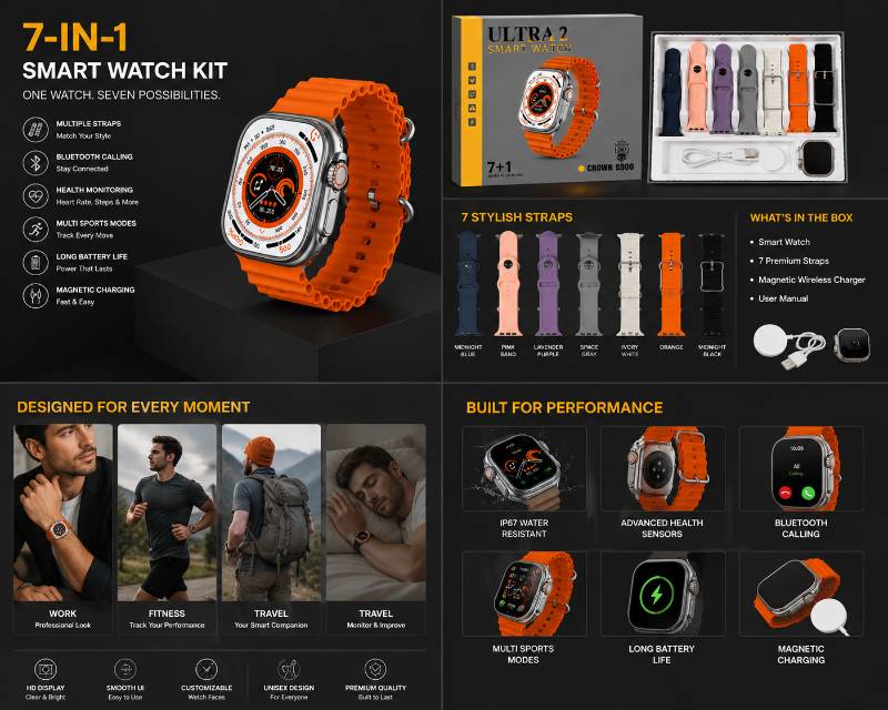 Ultra 2 Smart Watch 7-in-1 Kit with 7 Premium Straps | Bluetooth Calling | Health Monitoring | Sports Mode - image 5