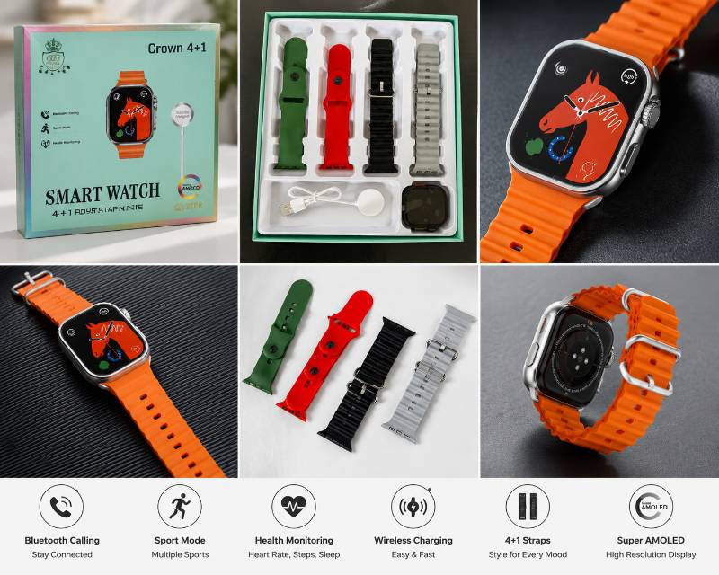Crown 4+1 Smart Watch with 4 Premium Straps | Bluetooth Calling | AMOLED Display | Health Monitoring - image 2
