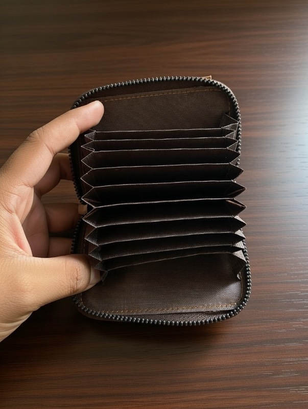 Premium Brown Leather Card Holder Wallet - Large Capacity Accordion Style with Zipper - image 2