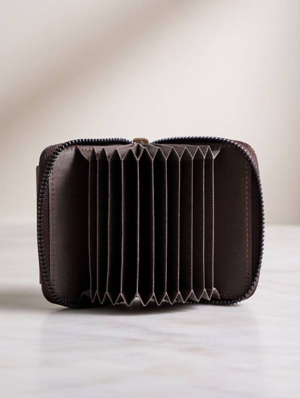 Men’s Leather Card Holder Wallet – Zipper Accordion Card Organizer | Compact Dark Brown Card Case - image 4